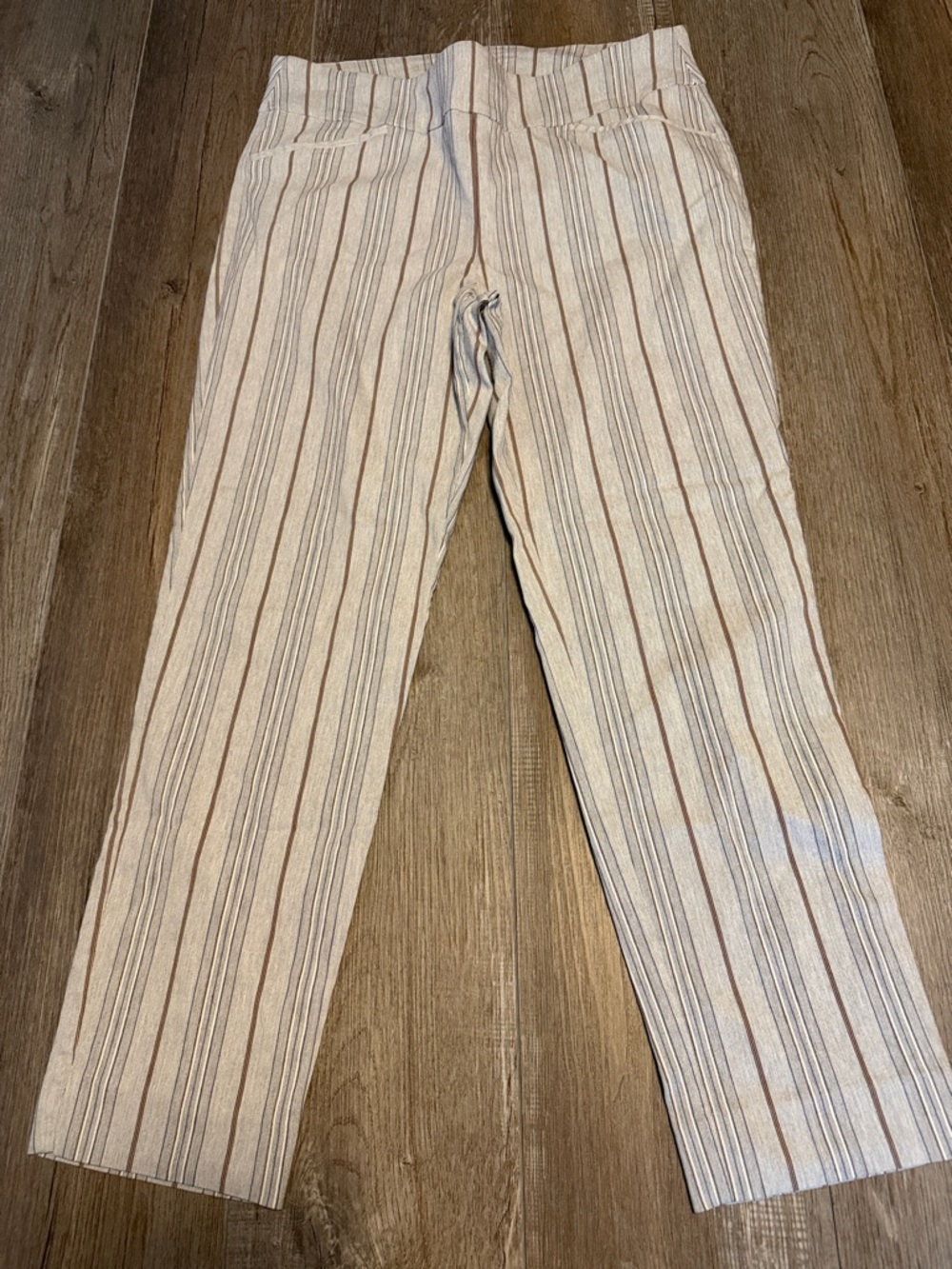 Chico's Perfect Stretch Ankle Cream and Brown Striped Pants